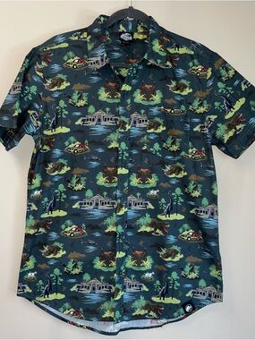 Jurassic Park World Visitor Center Shirt Woven Button Up Mens EUC Green Med